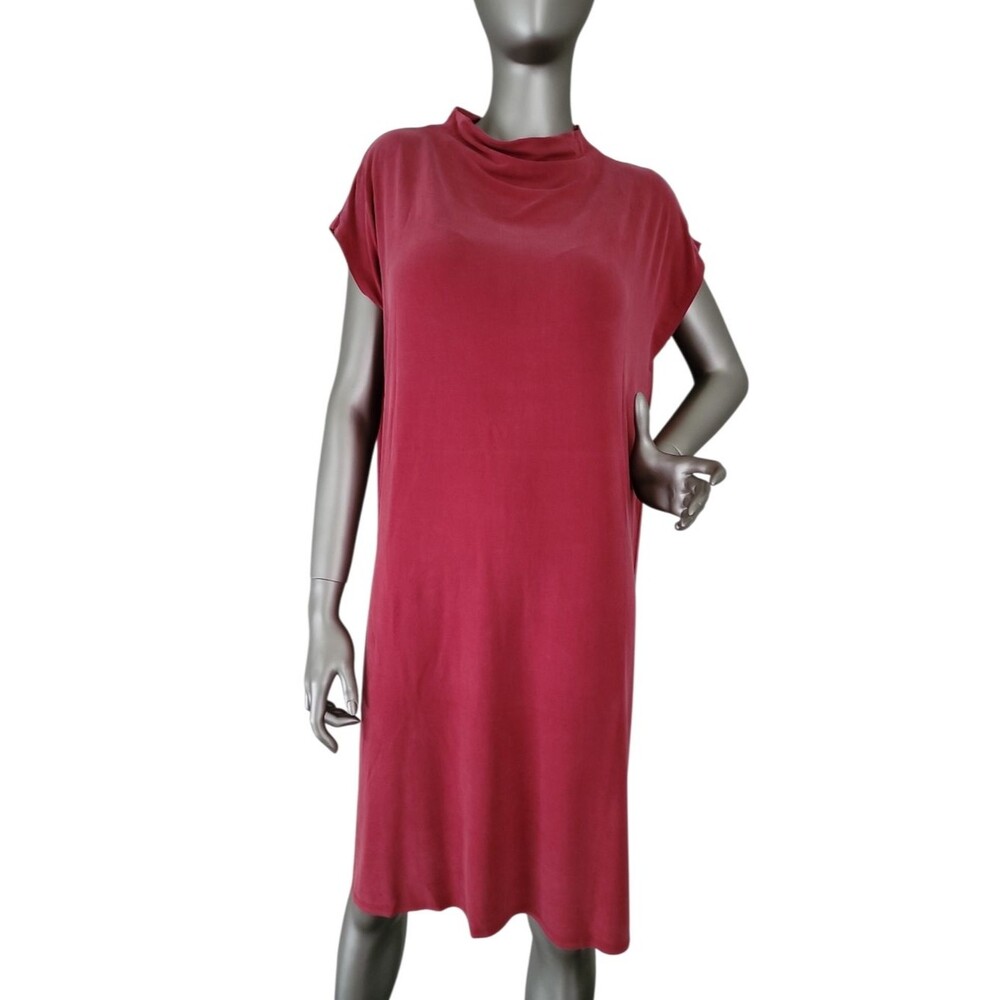Eileen Fisher Sandwashed Cupro Knit Funnel Neck Dress Cranberry Small